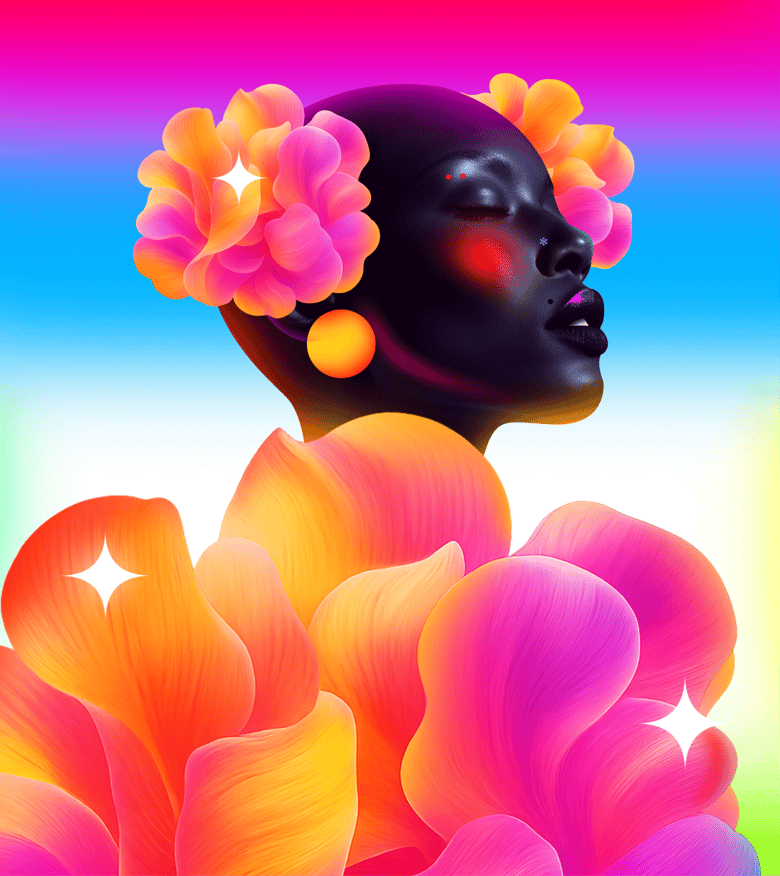 Digital artwork of a person with vibrant flower petals surrounding their head and shoulders
